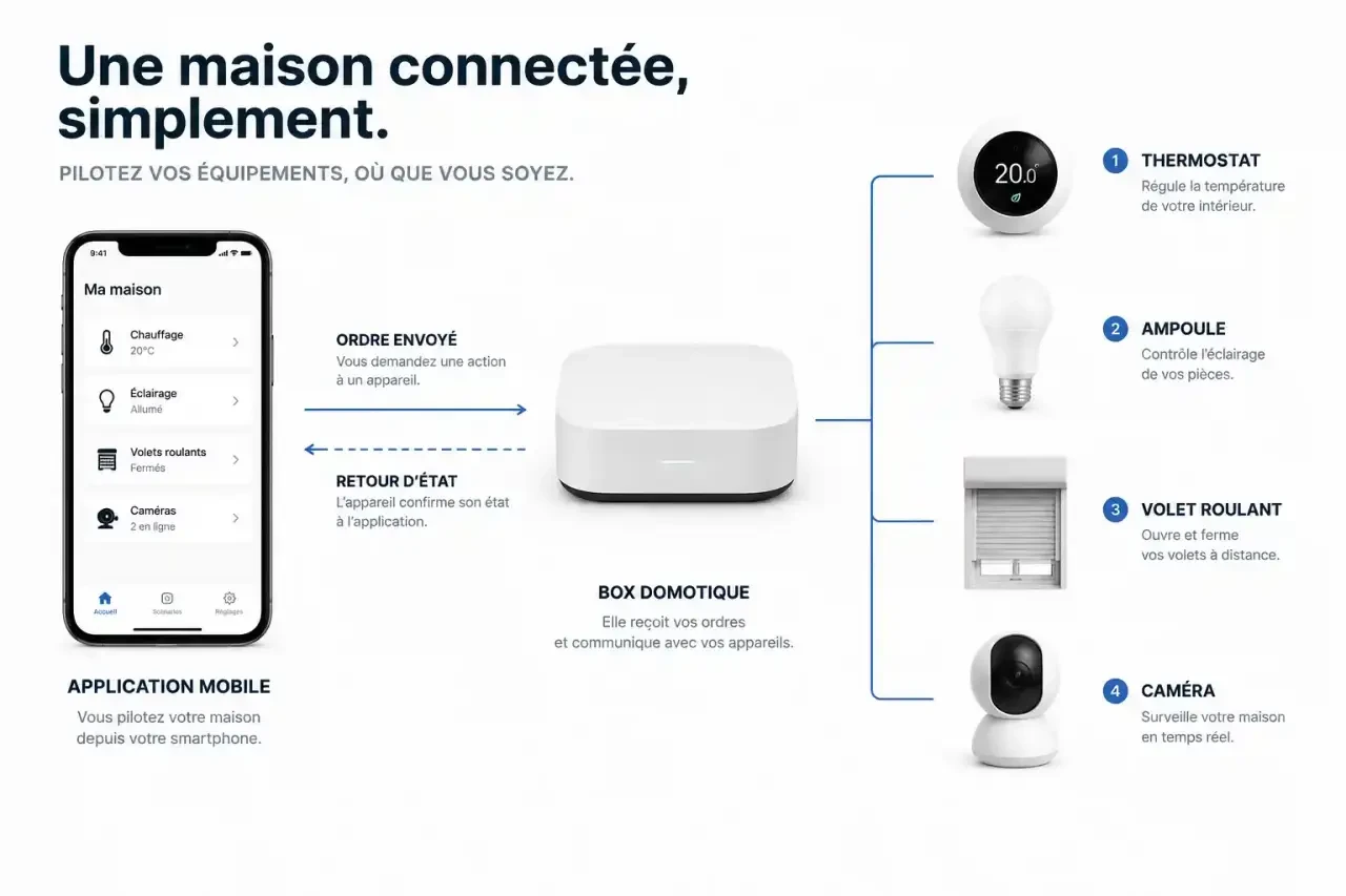 Schéma du fonctionnement d'une application domotique : smartphone, box et objets connectés avec ordre et retour d'état