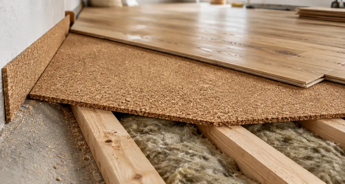 Isolant phonique pour plancher bois en liège sur chantier